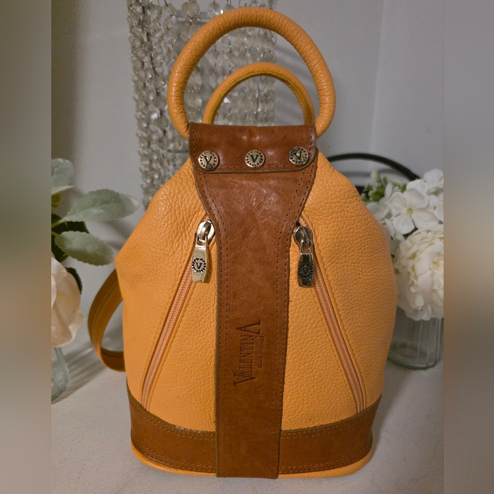 Valentina Yellow and Brown Leather Backpack with Stud Accents